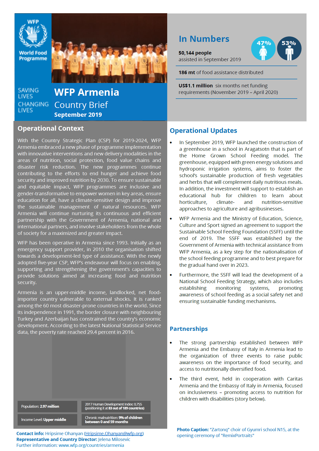 WFP Armenia September 2019 Country Brief cover.