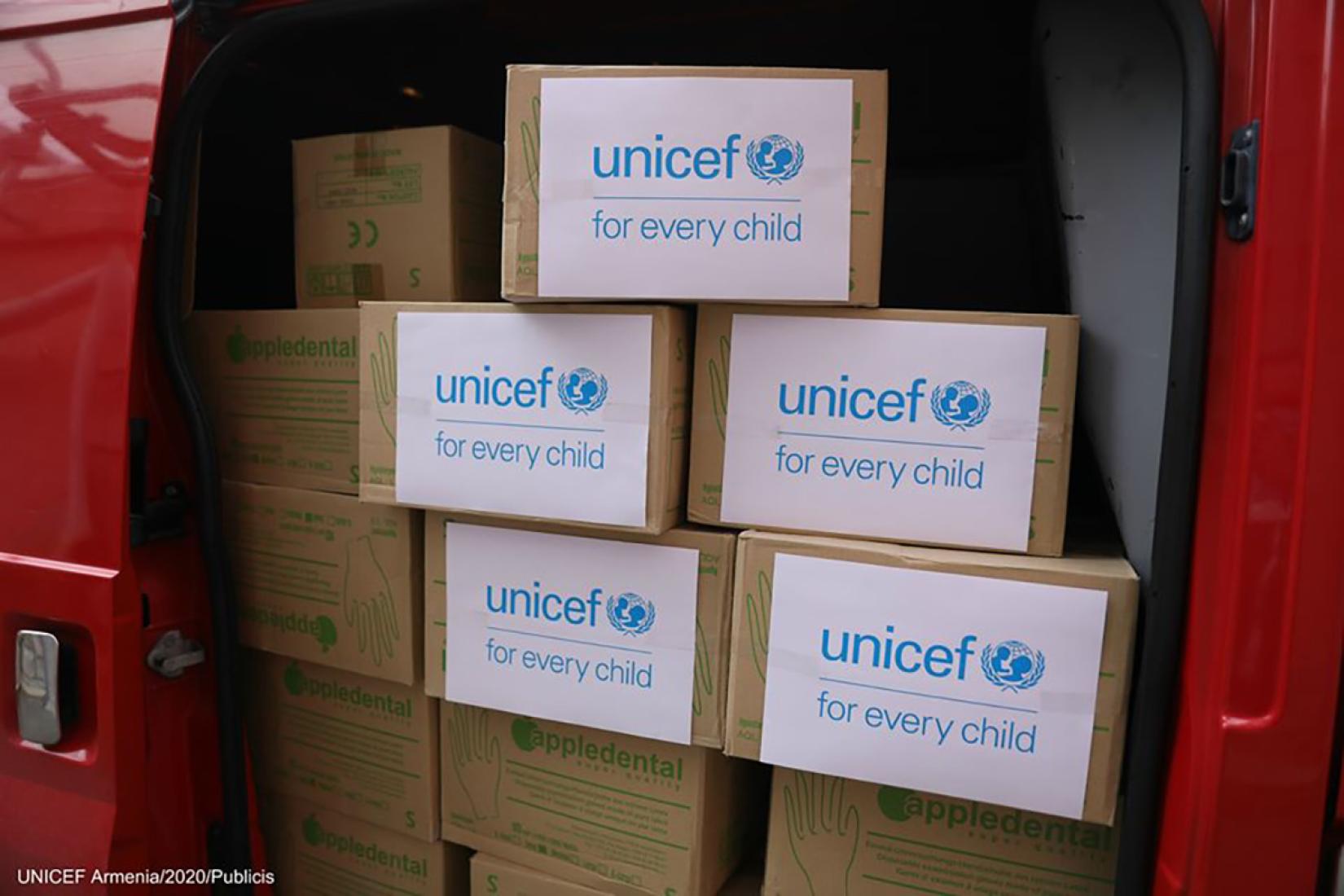 Boxes of supplies provided by UNICEF.