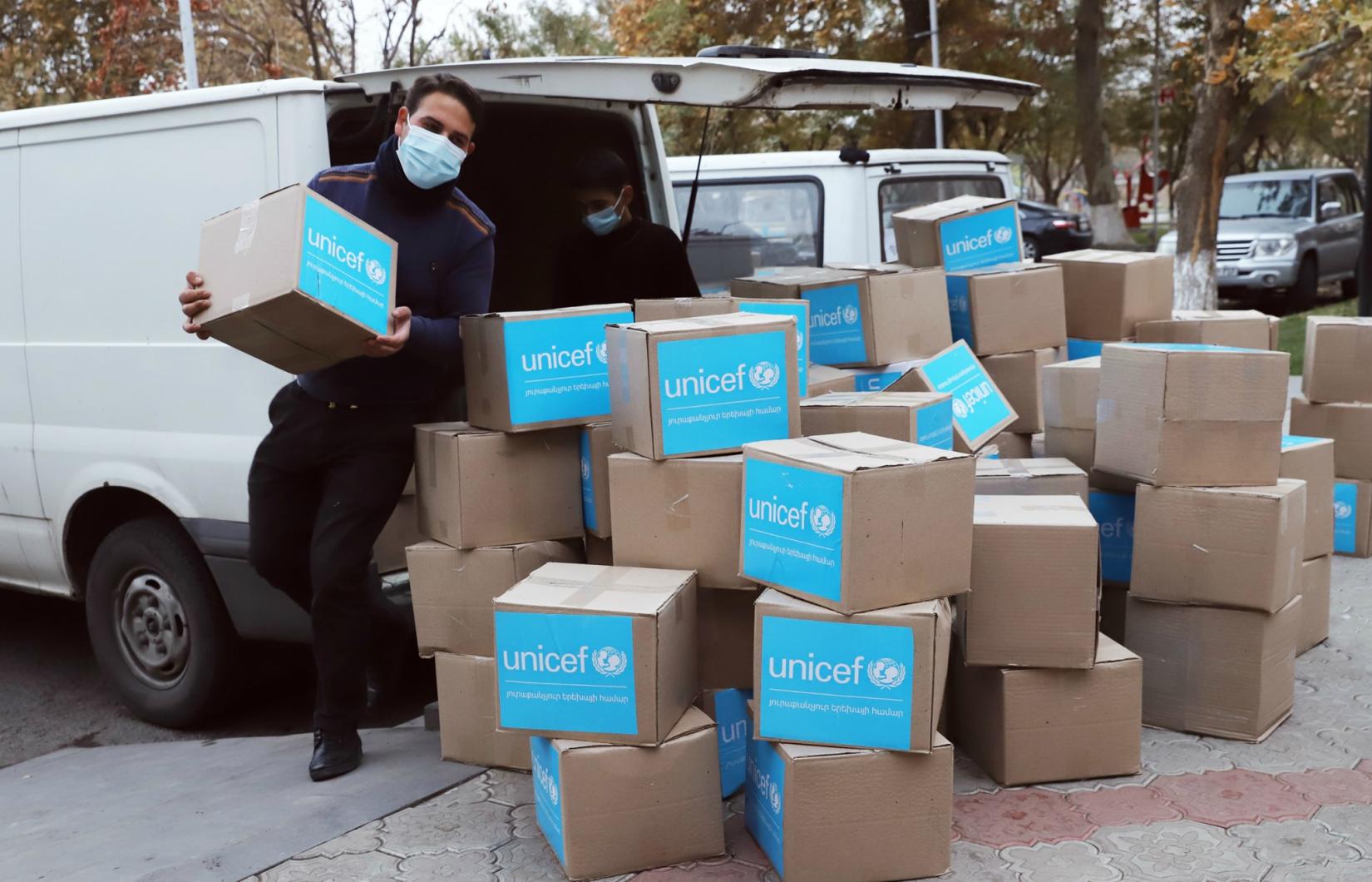 Boxes of food provided by UNICEF.