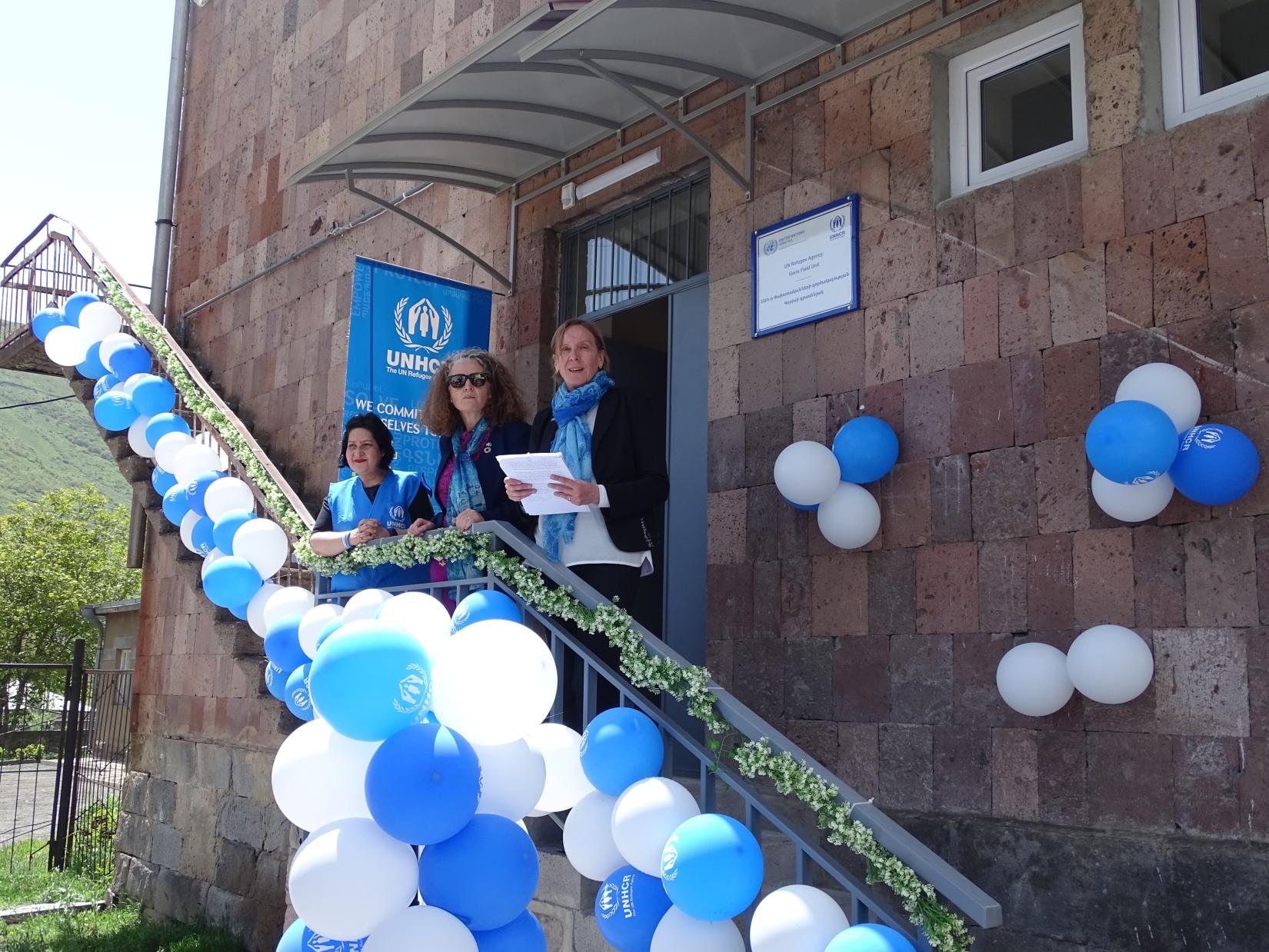 Three women, including UN Resident Coordinator and two representatives from the UNHCR Armenia during the opening ceremony of the UNHCR Goris Field Unit premises in Syunik. 