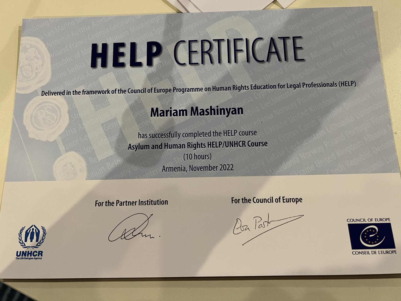 Certificate of “Asylum and Human Rights” - HELP course.
