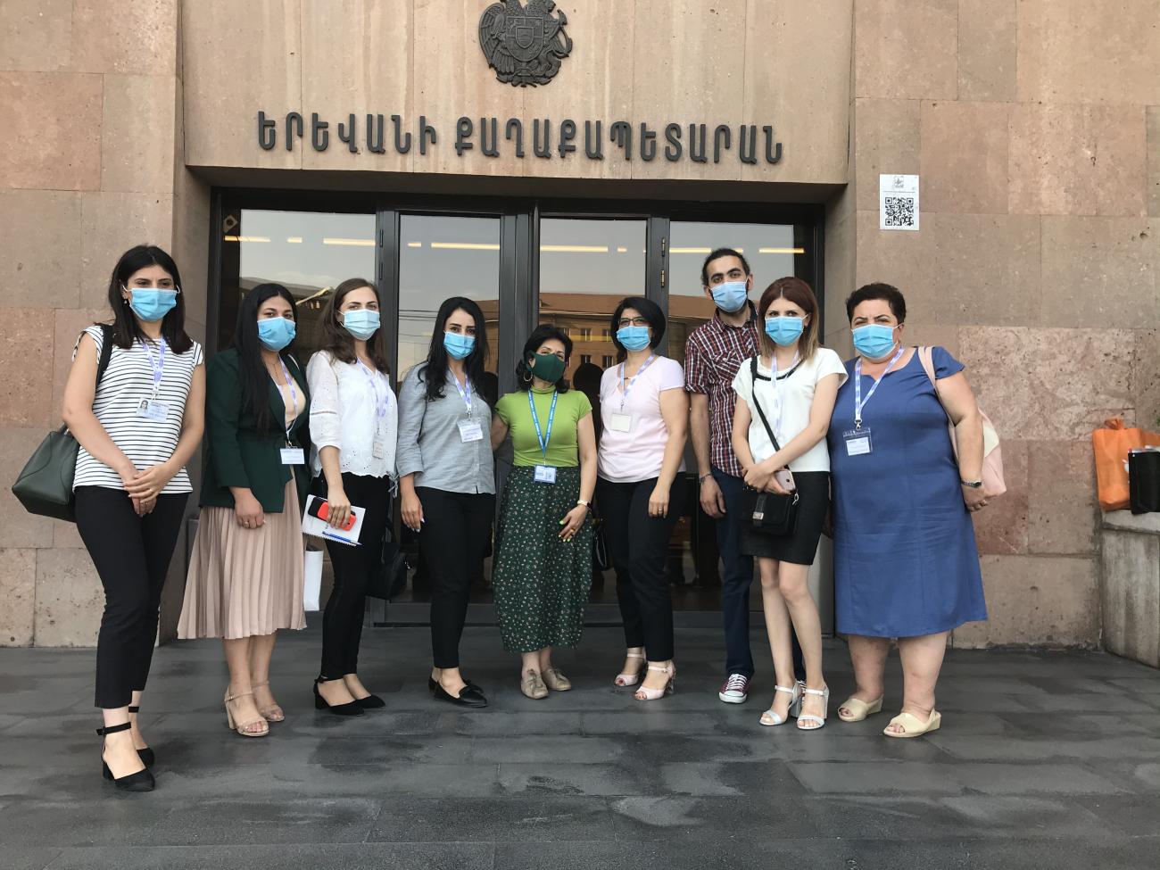 Training participants and facilitators in front of the Yerevan Municipality.