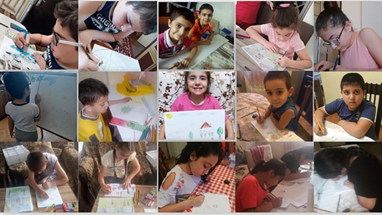 A collage of pictures of girls and boys drawing their paintings for the contest.