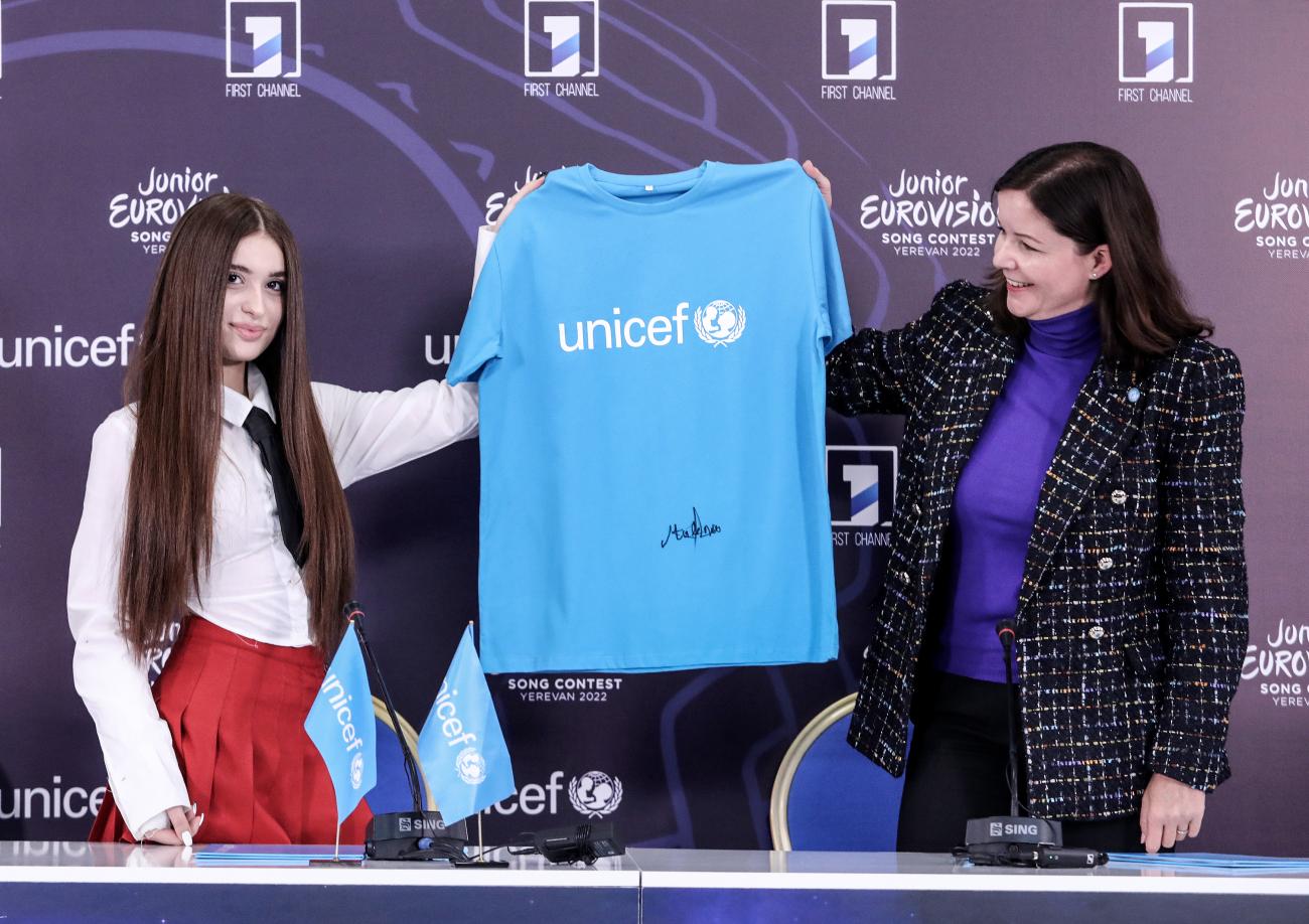 Junior Eurovision song contest 2021 winner Malena and Christine Weigand, UNICEF Representative in Armenia.