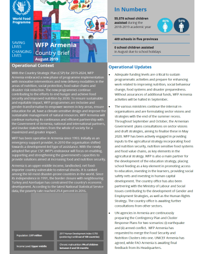 WFP Armenia August 2019 Country Brief cover.