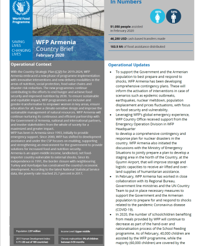WFP Armenia February 2020 Country Brief cover.