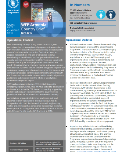 WFP Armenia July 2019 Country Brief cover.