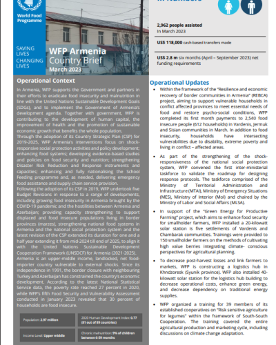 WFP Armenia March 2023 Country Brief cover.