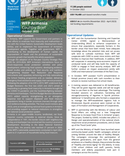WFP Armenia October 2022 Country Brief cover.