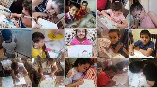 A collage of pictures of girls and boys drawing their paintings for the contest.
