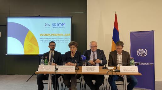 Armen Ghazaryan, Head of Migration Service, MTAI RA; Ilona Ter-Minasyan, Head of Office, IOM Armenia; Vache Terteryan, Deputy Minister, MTAI RA; Carel Hoftra, Team Leader, ICMPD.