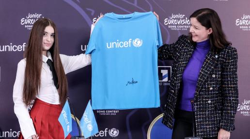 Junior Eurovision song contest 2021 winner Malena and Christine Weigand, UNICEF Representative in Armenia.