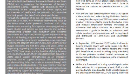 WFP Armenia September 2022 Country Brief cover.